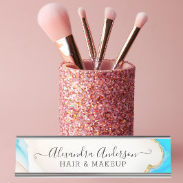 Eleganter Marble White Agate Blue Gold Glitzer Schreibtischnamensplakette