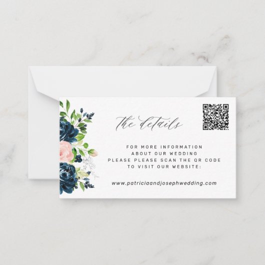 Eleganter marinebrosa, florale QR CODE Hochzeitsde Mitteilungskarte (Vorderseite)