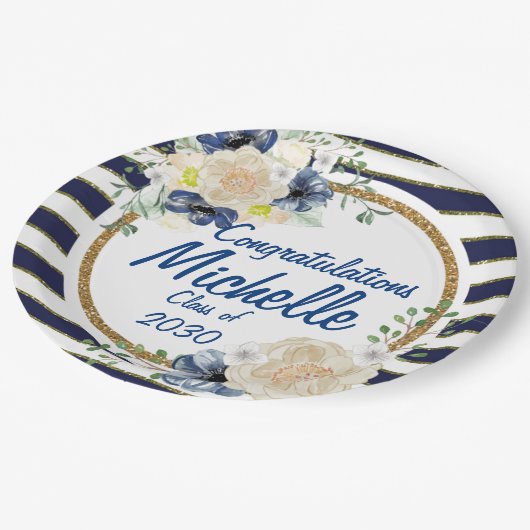 Eleganter Marineu. Goldwatercolor-Rosen-Abschluss Pappteller (Schrägansicht)