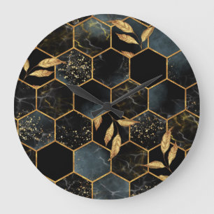 Eleganter Marmor & Gold: Abstrakte Sechseck-Textur Große Wanduhr