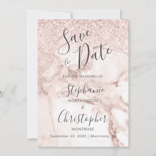 Eleganter Marmor Rose Gold Glitzer Save the Date Einladung (Vorderseite)