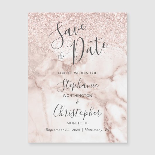 Eleganter Marmor Rose Gold Glitzer Save the Date Magnetkarte (Vorderseite)