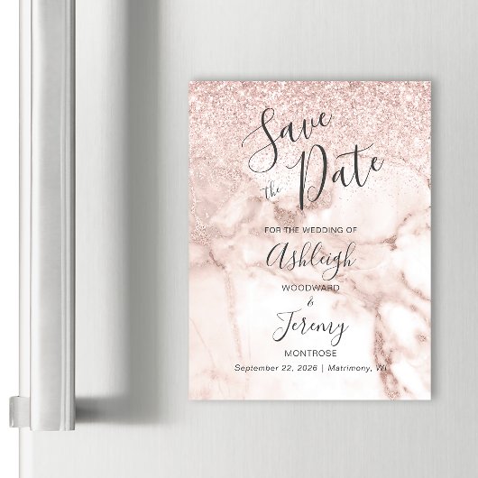 Eleganter Marmor Rose Gold Glitzer Save the Date Magnetkarte