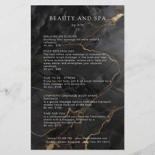 Eleganter Marmor Schwarz-Gold-Salon QR-Code-Preisl Flyer (Vorne)