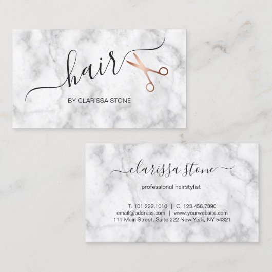 Eleganter Marmor- u. Rosengoldscheren Hairstylist Visitenkarte (Vorne/Hinten)