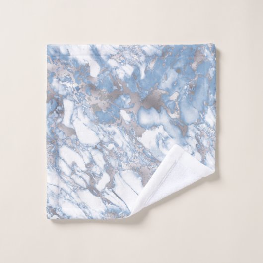 Eleganter Marmor Weiß Dusty Blau Silberstreifen Im Badhandtuch Set (Waschlappen)