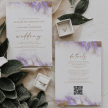 Eleganter Marmorlavender Gold QR Code Hochzeit
