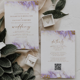 Eleganter Marmorlavender Gold QR Code Hochzeit Einladung