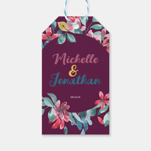 Eleganter Maroon farbenfroh, Aquarellblumen Geschenkanhänger (Vorderseite)