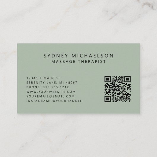 Eleganter Massage Therapist QR Code Sage Green Visitenkarte (Rückseite)
