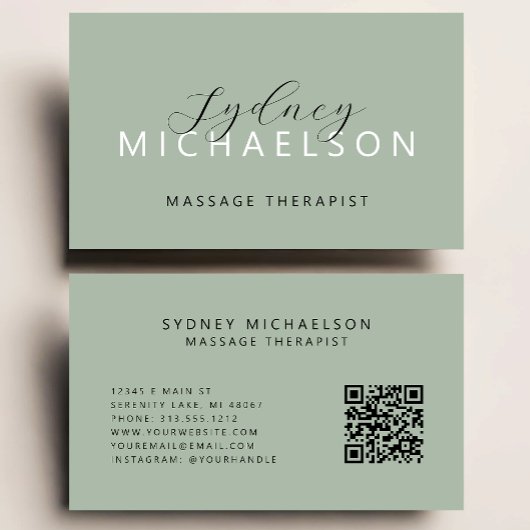 Eleganter Massage Therapist QR Code Sage Green Visitenkarte