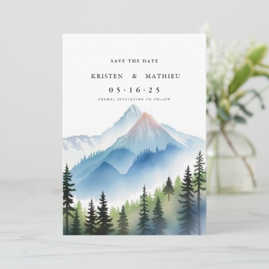 Eleganter maßgeschneiderter Berg Save The Date (Stehend Vorderseite)