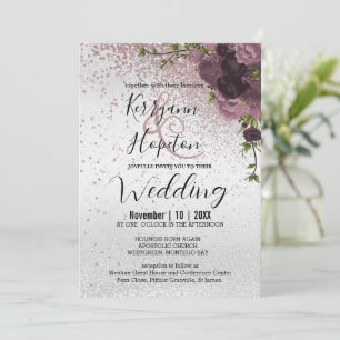 Eleganter Mauve Glitzer und Blumen Einladung