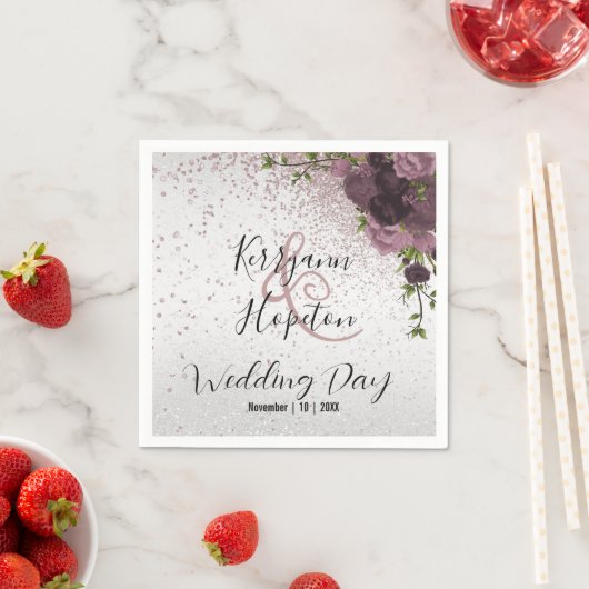 Eleganter Mauve Glitzer und Blumen Serviette (Beispiel)