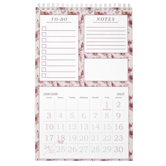Eleganter Mauve Pink Blumenmuster Monatsplaner Kalender (Jan 2027)