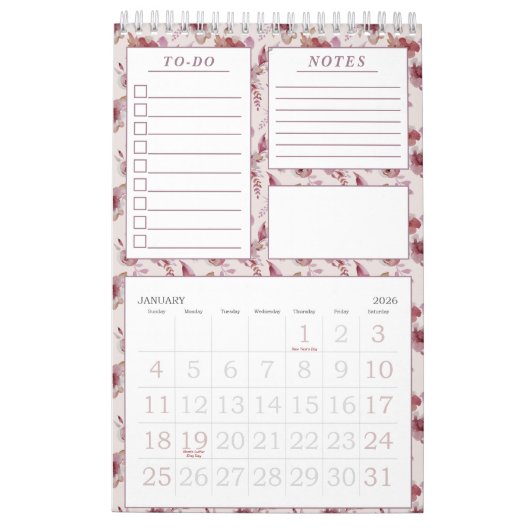 Eleganter Mauve Pink Blumenmuster Monatsplaner Kalender (Jan 2026)
