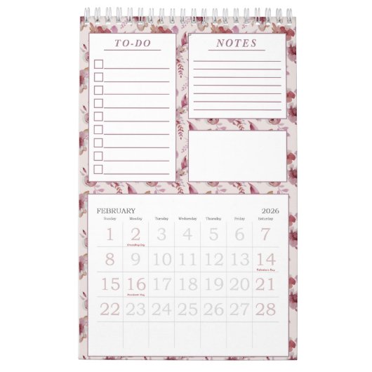 Eleganter Mauve Pink Blumenmuster Monatsplaner Kalender (Feb 2026)