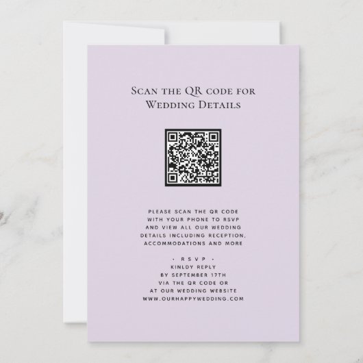 Eleganter Mauve QR Code in einer modernen Hochzeit Einladung (Rückseite)