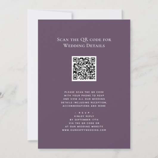 Eleganter Mauve QR Code in einer modernen Hochzeit Einladung (Rückseite)