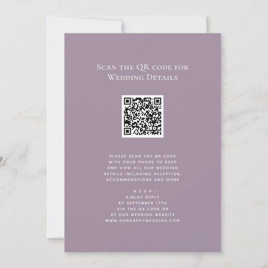Eleganter Mauve QR Code in einer modernen Hochzeit Einladung (Rückseite)