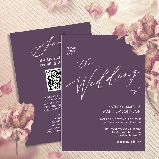 Eleganter Mauve QR Code in einer modernen Hochzeit Einladung