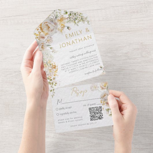 Eleganter Meadow Floral Wedding QR Code All In One Einladung (Abreißen)