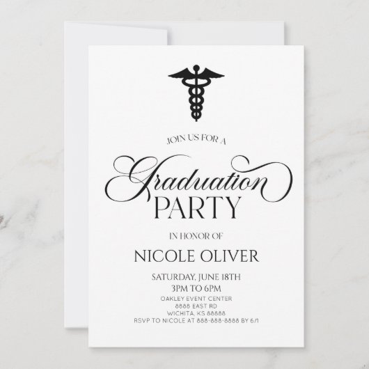 Eleganter Medical Caduceus Abschluss Einladung (Vorderseite)