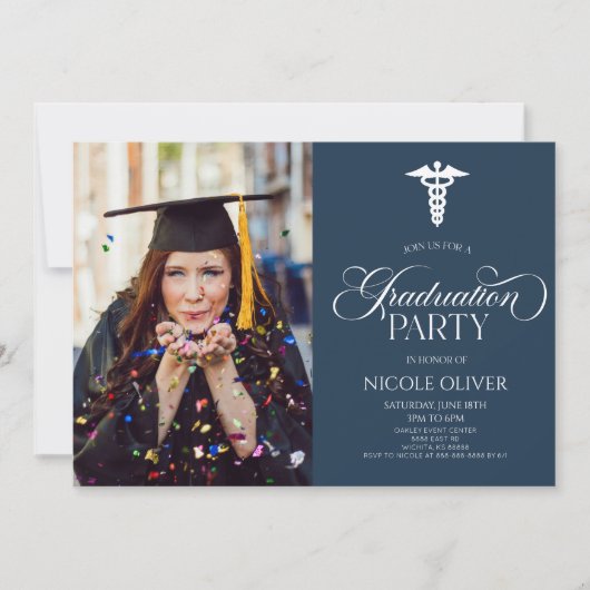 Eleganter Medical Caduceus Custom Picture Abschlus Einladung (Vorderseite)