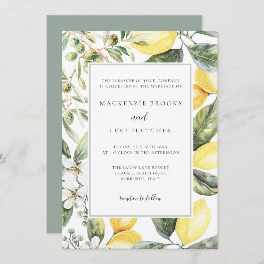 Eleganter Mediterraner Garten Lemon Wedding Einladung (Vorne/Hinten)