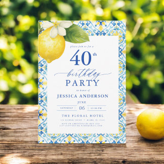 Eleganter mediterraner Lemon Floral 40. Geburtstag Einladung