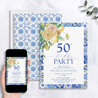 Eleganter mediterraner Lemon Floral 50. Geburtstag Einladung