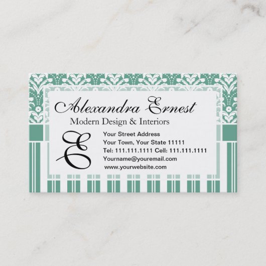 Eleganter Meergrün-Damast mit Ihrem Monogramm Visitenkarte (Vorderseite)