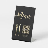 Eleganter Menu Script Gold Knife & Fork QR Code Sockelschild (Vorderseite)