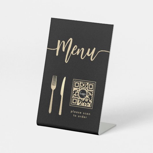 Eleganter Menu Script Gold Knife & Fork QR Code Sockelschild (Vorderseite)