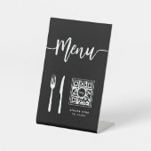 Eleganter Menu Script Knife & Fork QR Code Black Sockelschild (Vorderseite)