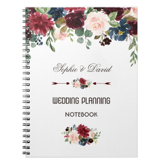 Eleganter Merlot Navy Blue Floral Wedding Planner Notizblock (Vorderseite)