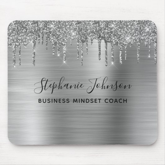 Eleganter Metallic Silver Funkelnd Glitzer Tropfen Mousepad (Vorne)