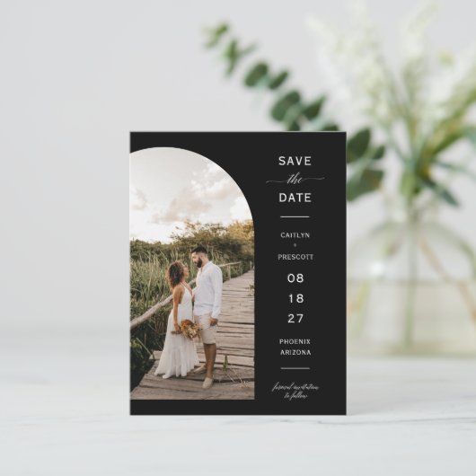 Eleganter Minimal Arch Foto QR Code Save the Date Postkarte (Stehend Vorderseite)