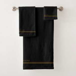 Eleganter Minimal Black Gold Line Name Badhandtuch Set