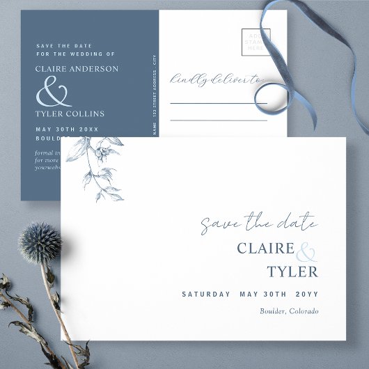 Eleganter Minimal, Blue Wedding speichern das Datu Postkarte