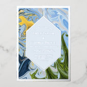Eleganter Minimal Green Blue Abstrakt Wedding Silv Folieneinladung (Vorderseite)