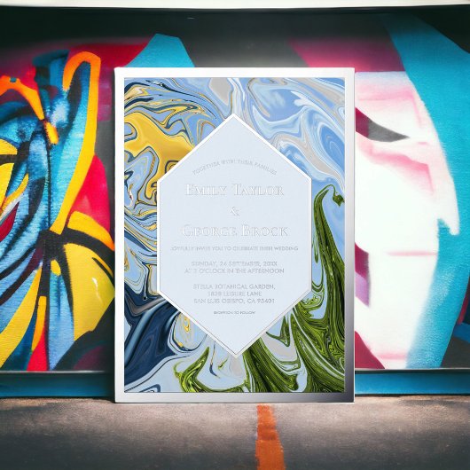 Eleganter Minimal Green Blue Abstrakt Wedding Silv Folieneinladung