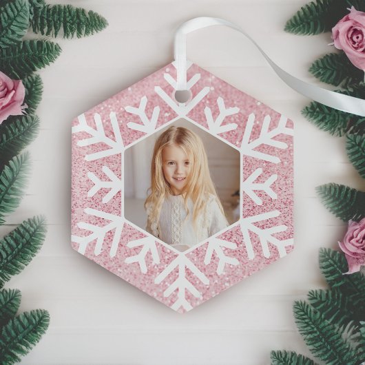 Eleganter Minimal Rosa Glitzer Snowflake Foto Ornament Aus Glas