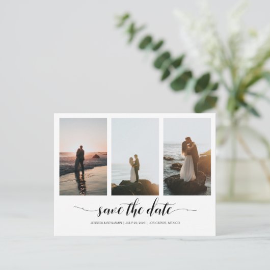 Eleganter Minimal Save the Date mit FotoCollage Postkarte (Stehend Vorderseite)