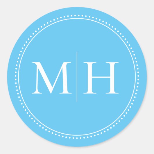 Eleganter Minimal Sky Blue Monogram Dotted Border Runder Aufkleber (Vorderseite)