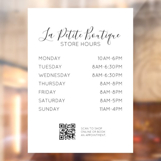 Eleganter Minimaler Script Store Stunden QR-Code Fensteraufkleber (Blatt 2)