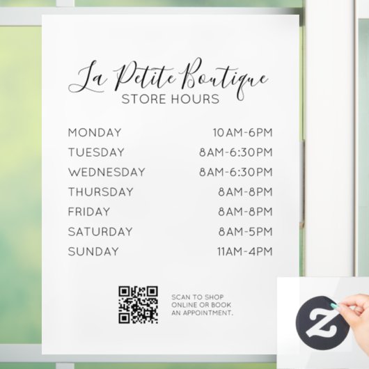 Eleganter Minimaler Script Store Stunden QR-Code Fensteraufkleber (Zuhause)