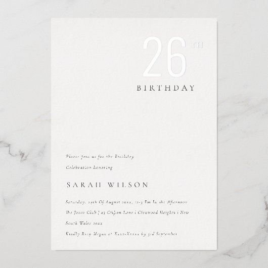 Eleganter Minimalfilm Silver jedes Alter Geburtsta Folieneinladung (Vorderseite)