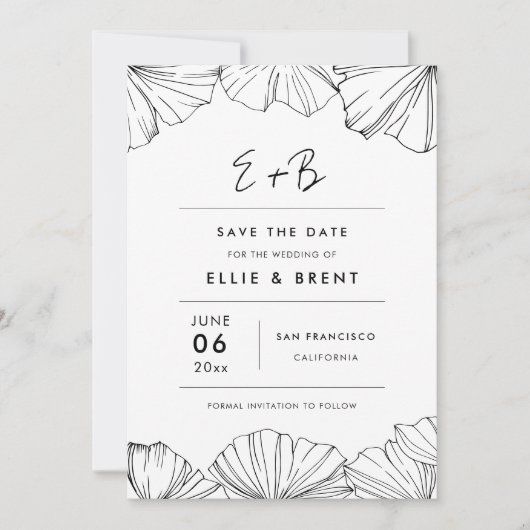 Eleganter Minimalist Ginkgo Biloba Save the Date Einladung (Vorderseite)