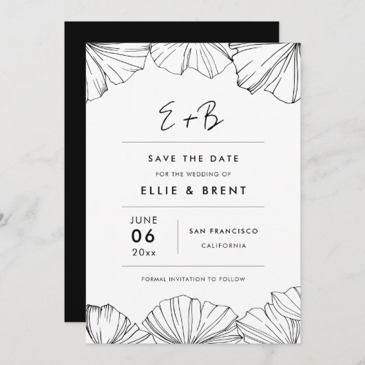 Eleganter Minimalist Ginkgo Biloba Save the Date Einladung (Vorne/Hinten)